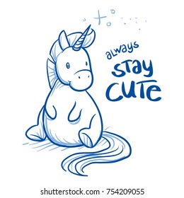 Cute cartoon unicorn sitting happily. Hand drawn blue outline line art cartoon vector illustration.