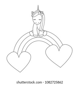 cute cartoon unicorn sitting on a rainbow with hearts vector black and white  illustration