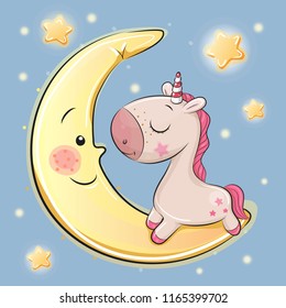 Cute Cartoon Unicorn is sitting on the moon