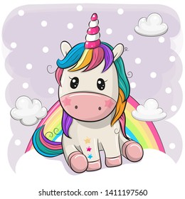 Cute Cartoon Unicorn Is Sitting On Clouds