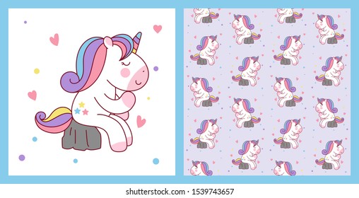 Cute Cartoon Unicorn Sitting on the Stone like a thinker. vector illustration and pattern background