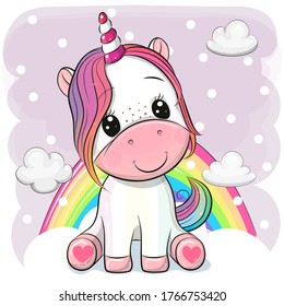 Cute Cartoon Unicorn is sitting on clouds