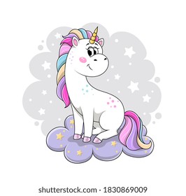 Cute cartoon unicorn sitting on purple fluffy cloud. Flat cartoon vector illustration isolated on white background