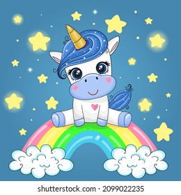 Cute Cartoon Unicorn sitting on a rainbow on a background of the night sky. Good for greeting cards, invitations, decoration, Print for Baby Shower etc.