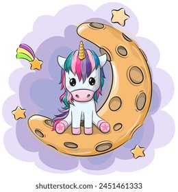 Cute Cartoon Unicorn is sitting on the moon