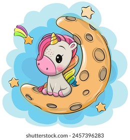 Cute Cartoon Unicorn is sitting on the moon