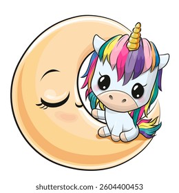 Cute Cartoon Unicorn is sitting on the moon