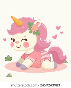 A cute cartoon unicorn sitting, with pink hair and hearts, vector illustration on a light background, concept of whimsy and magic. Vector illustration