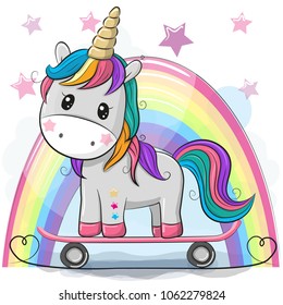 Cute Cartoon Unicorn with skateboard on a rainbow background