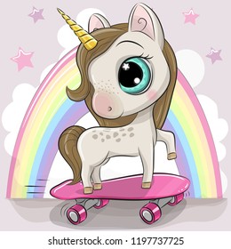 Cute Cartoon Unicorn with skateboard on a rainbow background