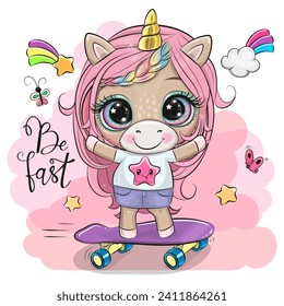 Cute Cartoon Unicorn with skateboard on a rainbow background