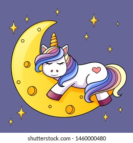 Cute cartoon unicorn sleeping on the moon
