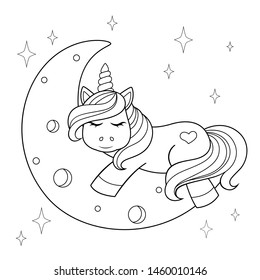 Cute cartoon unicorn sleeping on the moon. Black and white illustration for coloring book