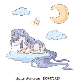 Cute cartoon unicorn sleeping on a cloud in the night sky. Isolated objects on white background. Decor elements for kids (newborn and baby) products. Print for children's sleepwear, pajamas, linens. 