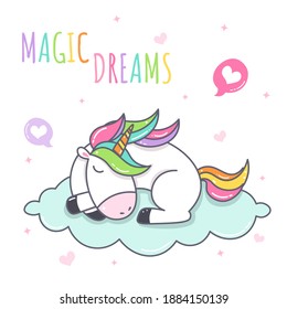 Cute cartoon unicorn sleeping on a cloud. Magic dreams. Adorable horse or pony with horn. Kids design ready for print.