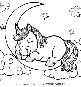 Cute cartoon unicorn sleeping on the moon in clouds vector illustration for coloring book