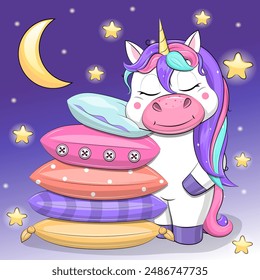 Cute cartoon unicorn is sleeping on the pillows. Night vector illustration  of animal on a dark blue background with stars and moon.