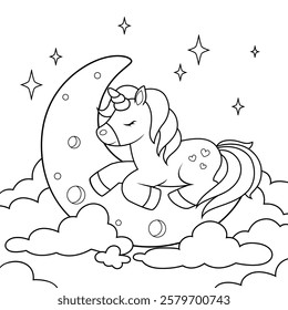 Cute cartoon unicorn is sleeping on a moon, surrounded by clouds and  stars. The unicorn has heart patterns on its body, closed eyes, and a flowing mane and tail. The style is simple and ideal for kid