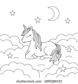 Cute cartoon unicorn sleeps in the sky among the stars and moon. Pony lies on the clouds and dreams. Vector illustration for kids coloring pages.