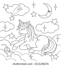 Cute cartoon unicorn sleeps in the sky among the stars and moon. Pony lies on the clouds and dreams. Vector illustration for kids coloring pages.