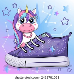 A cute cartoon unicorn with a sneaker. Vector illustration of an animal on a blue and pink background with stars.