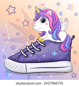 A cute cartoon unicorn with a sneaker. Vector illustration of an animal on a colorful background with stars.