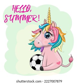 Cute cartoon unicorn with soccer ball, summer, kids games