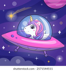 Cute cartoon unicorn in a spaceship. Vector illustration of an animal in space on a dark blue background with stars and a planet.