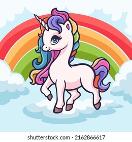 Cute cartoon unicorn standing among the rainbows. Vector illustration