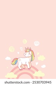 Cute cartoon unicorn is standing on a rainbow with a pink background, perfect for children s designs. Vector illustration