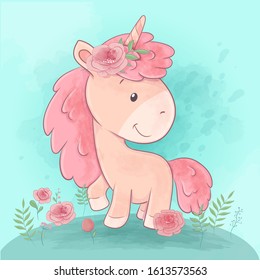 A cute cartoon unicorn stands in a clearing with flowers. Vector illustration