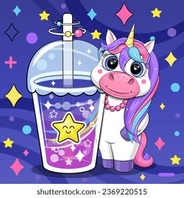 Cute cartoon unicorn with a star drink. Vector illustration of an animal and a cup of colorful water on a dark blue background with stars and dots.