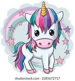 Cute Cartoon Unicorn with stars isolated on a white background