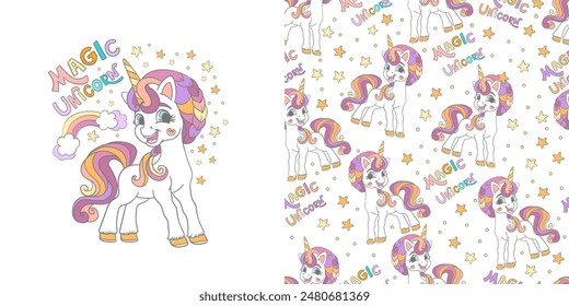 Cute cartoon unicorn with stars and lettering. Isolated character and background. Vector illustration. Card and seamless pattern with magic unicorn. For clothes, fabrics, print, design, linen, dishes