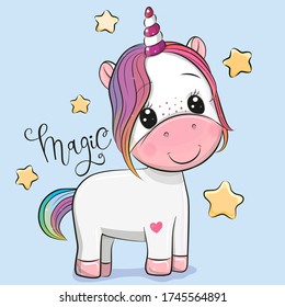 Cute Cartoon Unicorn and stars on a blue background