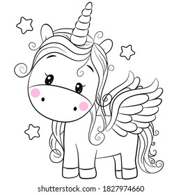 Cute Cartoon unicorn with stars outlined for coloring book isolated on a white background