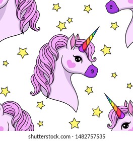 Cute cartoon unicorn with stars seamless vector pattern isolated 