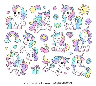 Conjunto de personajes de pegatinas de Unicornio de dibujos animados