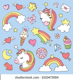 Cute cartoon unicorn sticker or patch set. Vector illustration.