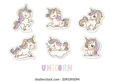 Cute cartoon unicorn stickers collection in hand drawn style