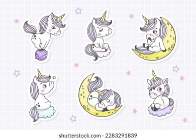 Cute cartoon unicorn stickers collection in hand drawn style. Perfect for card, pin, textile	