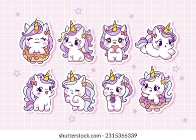 Cute cartoon unicorn stickers collection in hand drawn style	