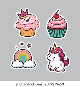 Cute cartoon unicorn stickers collection in hand drawn style, vector illustration.