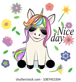 Cute Cartoon unicorn with sun glasses