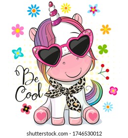 Cute Cartoon unicorn with sun glasses on a white background