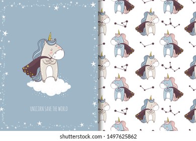 Cute cartoon unicorn superhero in cloak character. Childish card and seamless background pattern. Hand drawn shirt print design vector illustration.