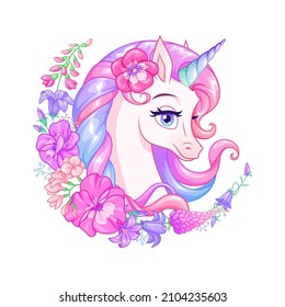 Cute cartoon unicorn surrounded with flowers. Vector illustration isolated on white background.