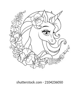 Cute cartoon unicorn surrounded with flowers. Vector black and white illustration for coloring book page.