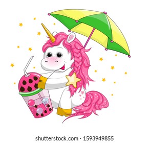 Cute Cartoon Unicorn. Sweet character drinks a cold watermelon cocktail under a bright sun umbrella. Vector is isolated on a white background. Stock vector illustration