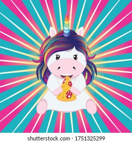 Cute cartoon unicorn with tasty slice of pizza illustration.